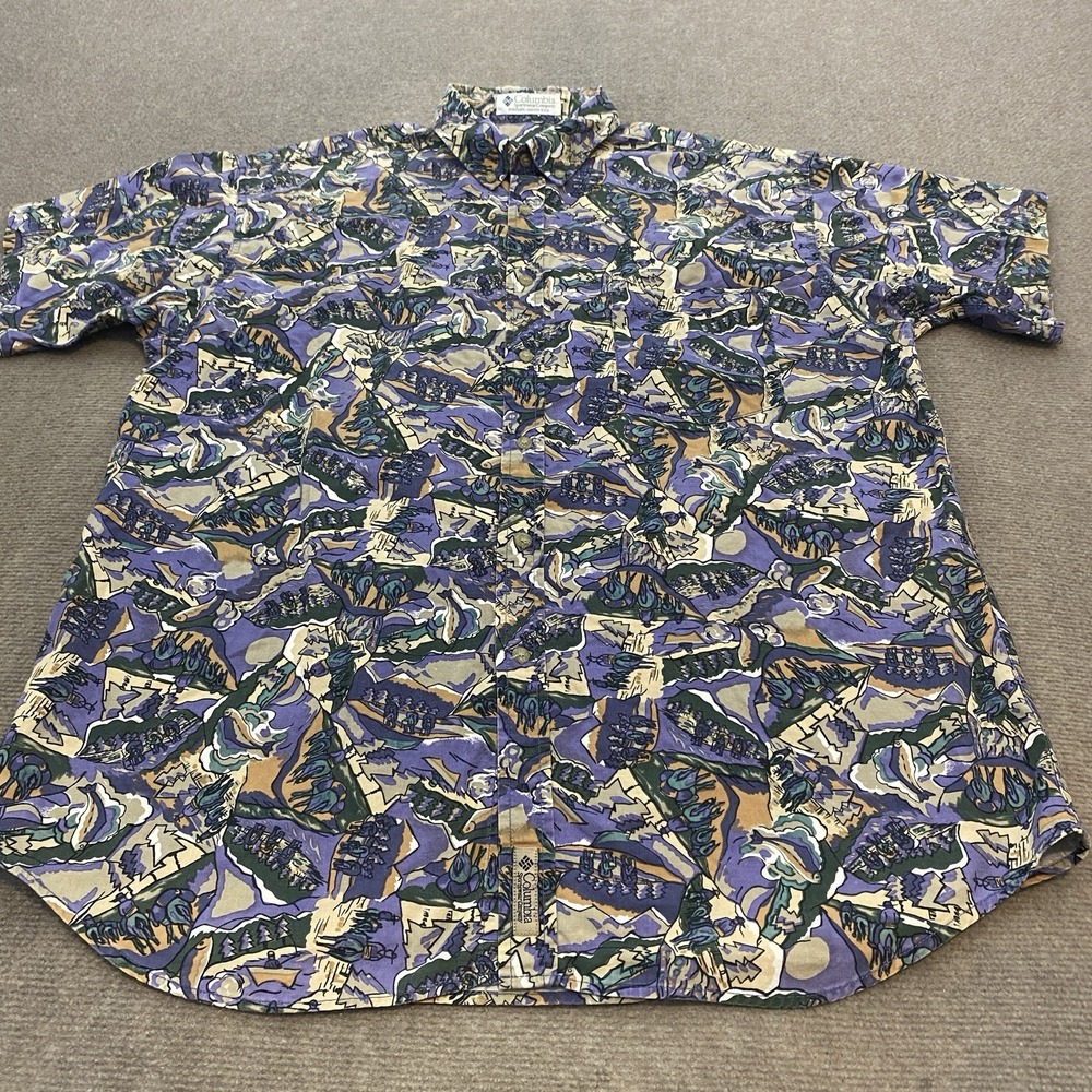 Vintage Columbia Shirt Mens Large‎ Mountain Ski Range All Over Print 90s Button